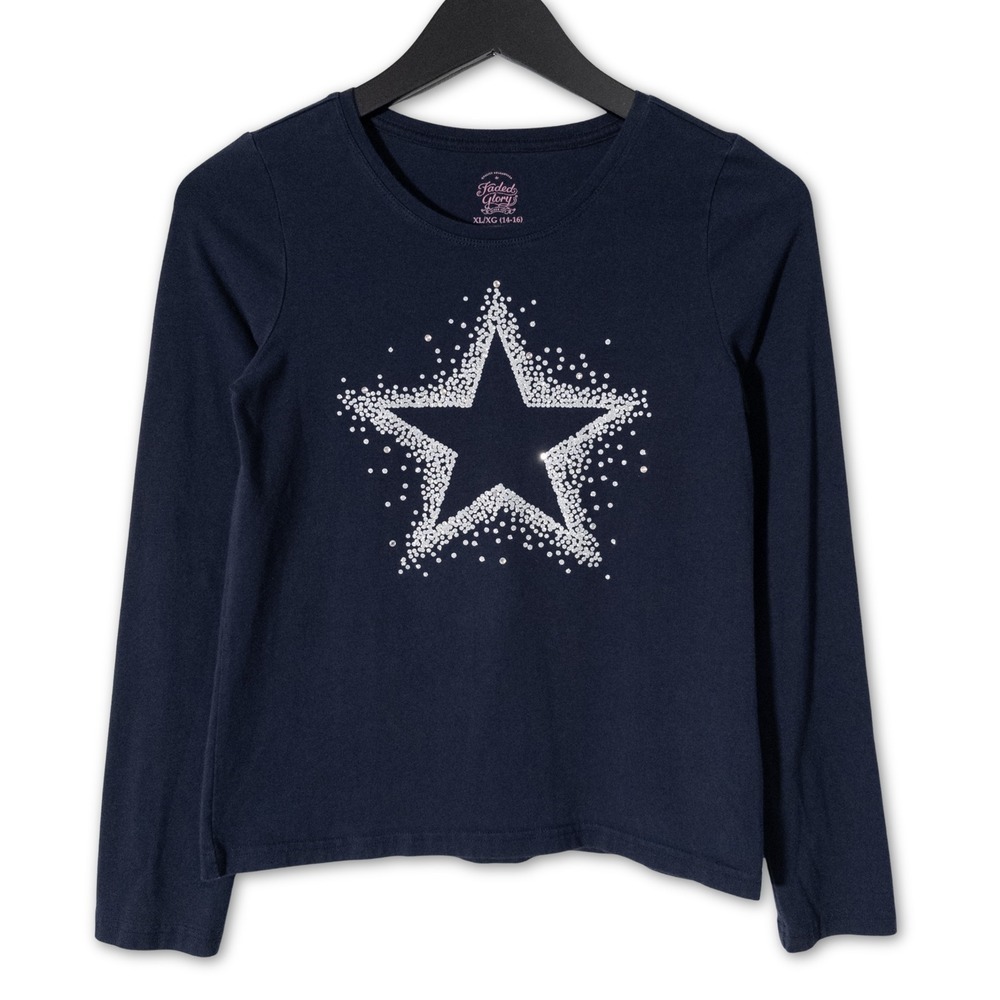Faded Glory Long Sleeve Tee Girls XL Navy Blue T Shirt Rhinestone Star Graphic